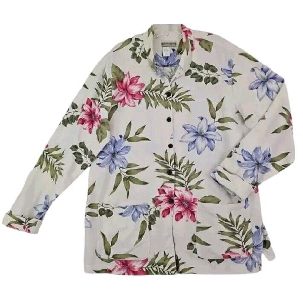 Coldwater Creek ~Woman Size L~ Floral Linen Blend Top Button Shirt Long Sleeve.